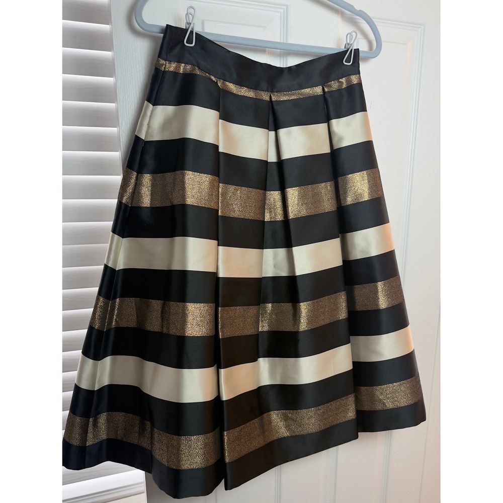 Eliza J‎ Metallic Gold Black Striped Pleated Midi Skirt Size 6 Holiday Party - Picture 3 of 7